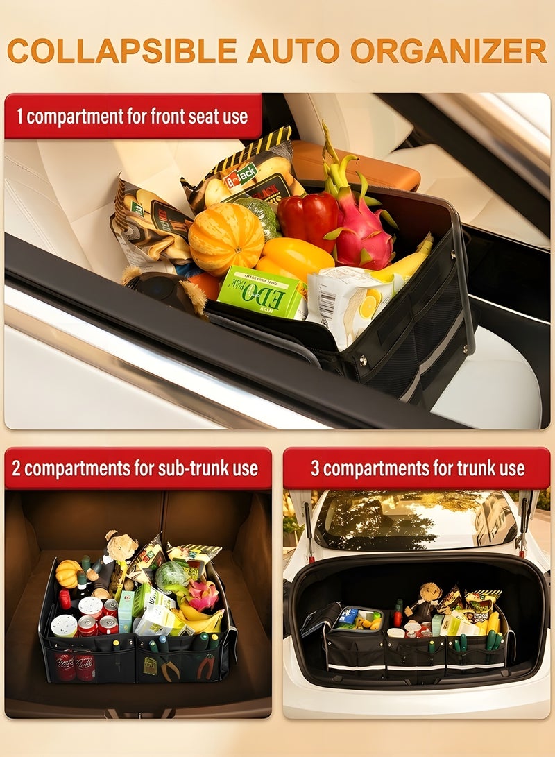 بيوينتي منظم صندوق السيارة، منظمات السيارة متعددة الأقسام قابلة للطي، تخزين كبير قابل للطي للسيارات الرياضية مع عازل للماء/مانع لدخول الغبار في الصندوق مع حقيبة برودة معزولة ضد التسرب (أسود) - Image 2