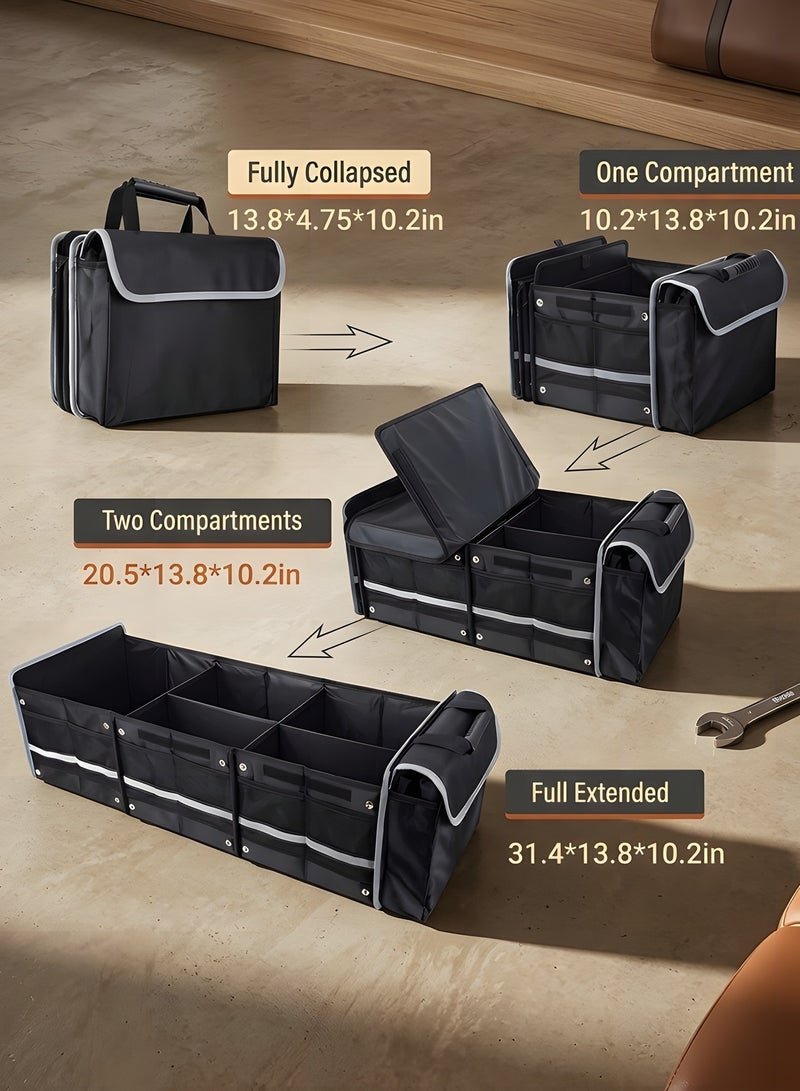 بيوينتي منظم صندوق السيارة، منظمات السيارة متعددة الأقسام قابلة للطي، تخزين كبير قابل للطي للسيارات الرياضية مع عازل للماء/مانع لدخول الغبار في الصندوق مع حقيبة برودة معزولة ضد التسرب (أسود) - Image 3