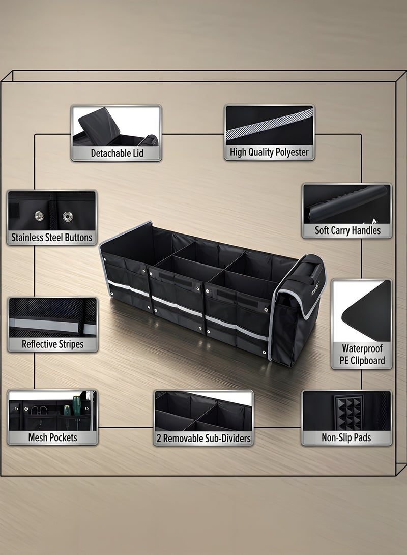 بيوينتي منظم صندوق السيارة، منظمات السيارة متعددة الأقسام قابلة للطي، تخزين كبير قابل للطي للسيارات الرياضية مع عازل للماء/مانع لدخول الغبار في الصندوق مع حقيبة برودة معزولة ضد التسرب (أسود) - Image 4