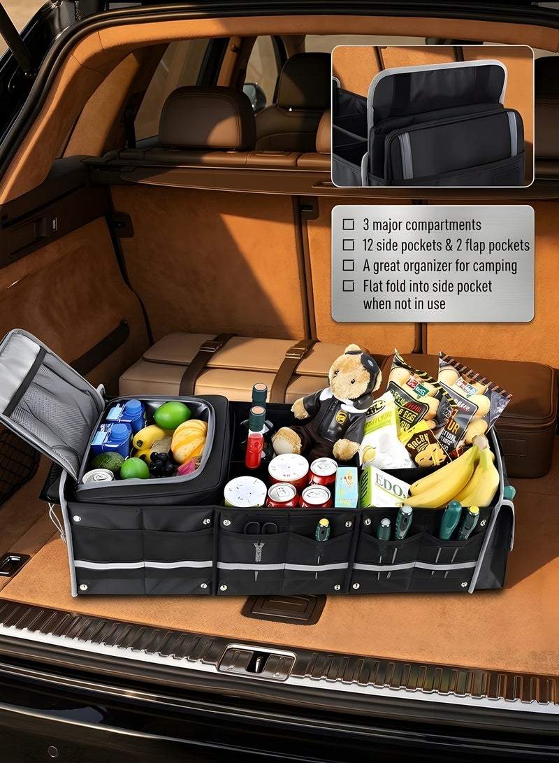 بيوينتي منظم صندوق السيارة، منظمات السيارة متعددة الأقسام قابلة للطي، تخزين كبير قابل للطي للسيارات الرياضية مع عازل للماء/مانع لدخول الغبار في الصندوق مع حقيبة برودة معزولة ضد التسرب (أسود) - Image 5