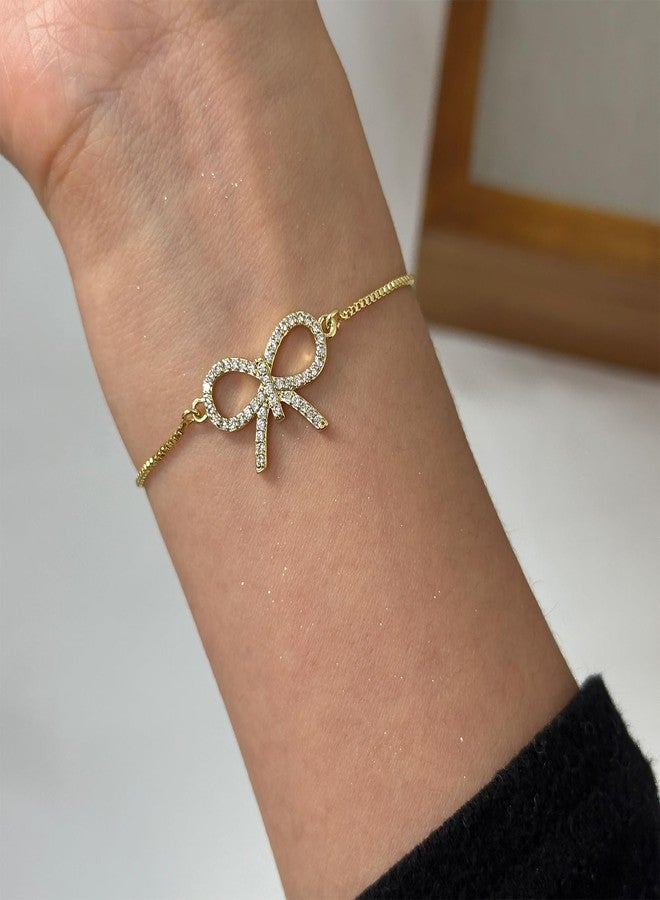 DOLLESS Bow Bracelet for Women Cubic Zirconia Bowkont Charm Bracelet Christmas Bow Jewelry (Gold) - Image 2