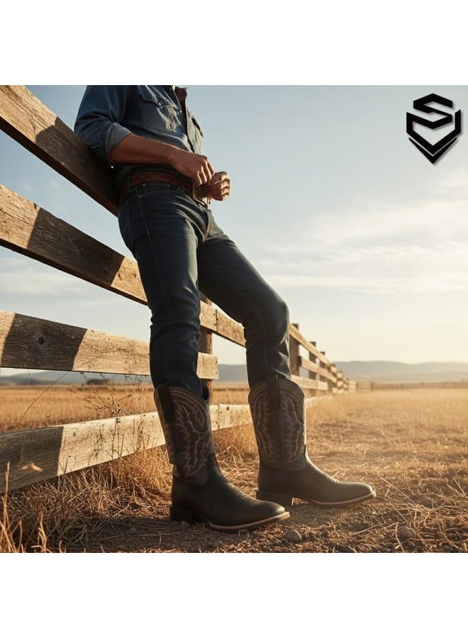 SUREWAY Western Boots For Men - Mens Square Toe Cowboy Boot,Oil/Slip Resistant,Durable Fashionable Classic Pull on 10 Inch Wellington Boots - Soft Toe Work Boots, Black Grey, 9.5 - Image 2
