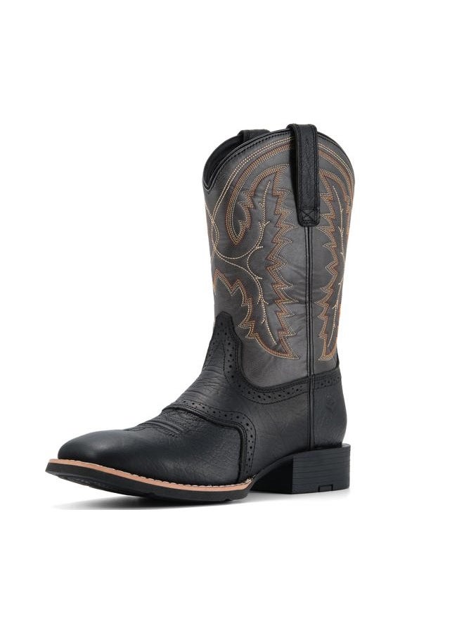 SUREWAY Western Boots For Men - Mens Square Toe Cowboy Boot,Oil/Slip Resistant,Durable Fashionable Classic Pull on 10 Inch Wellington Boots - Soft Toe Work Boots, Black Grey, 9.5 - Image 1