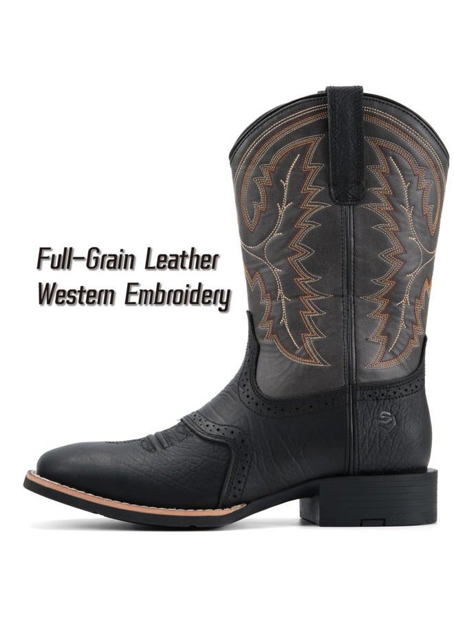 SUREWAY Western Boots For Men - Mens Square Toe Cowboy Boot,Oil/Slip Resistant,Durable Fashionable Classic Pull on 10 Inch Wellington Boots - Soft Toe Work Boots, Black Grey, 9.5 - Image 4