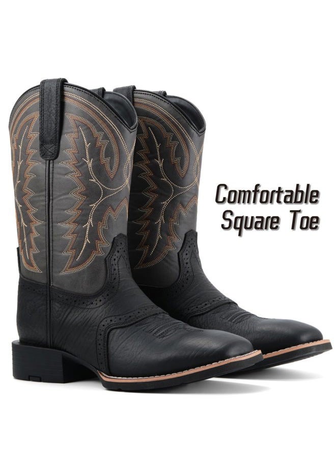 SUREWAY Western Boots For Men - Mens Square Toe Cowboy Boot,Oil/Slip Resistant,Durable Fashionable Classic Pull on 10 Inch Wellington Boots - Soft Toe Work Boots, Black Grey, 9.5 - Image 5