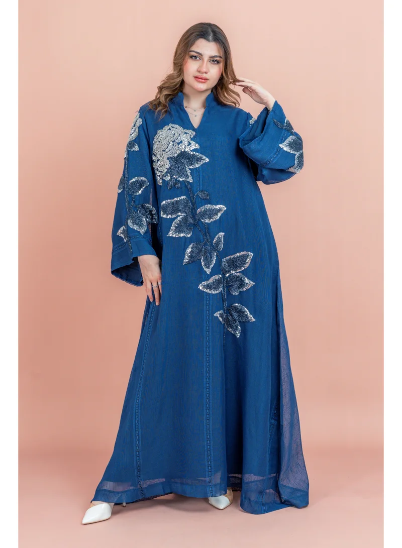 اكسا جلابية عصرية شغل كرستال يدوي IK1034 ازرق