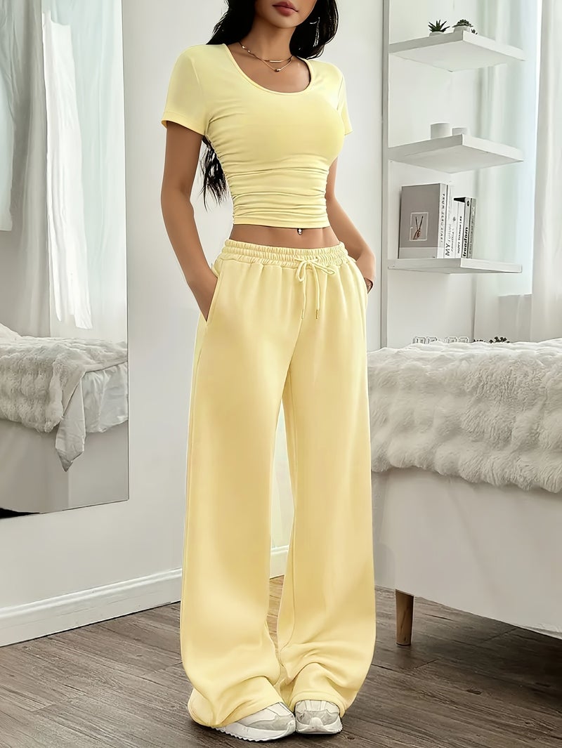 Round Neck Slim Short Sleeve And Wide Leg Pants Set - Image 2