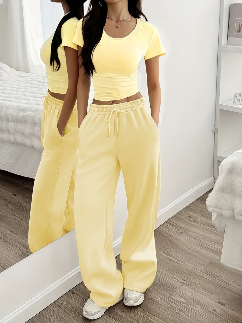 Round Neck Slim Short Sleeve And Wide Leg Pants Set - Image 3
