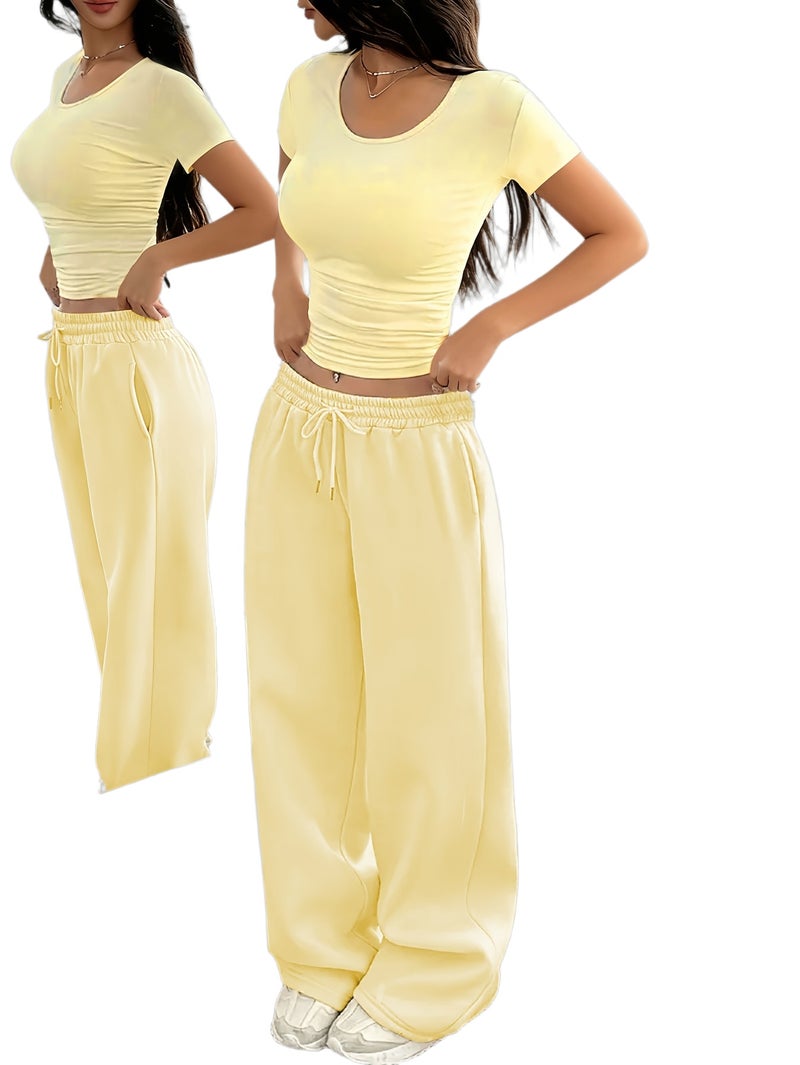 Round Neck Slim Short Sleeve And Wide Leg Pants Set - Image 1