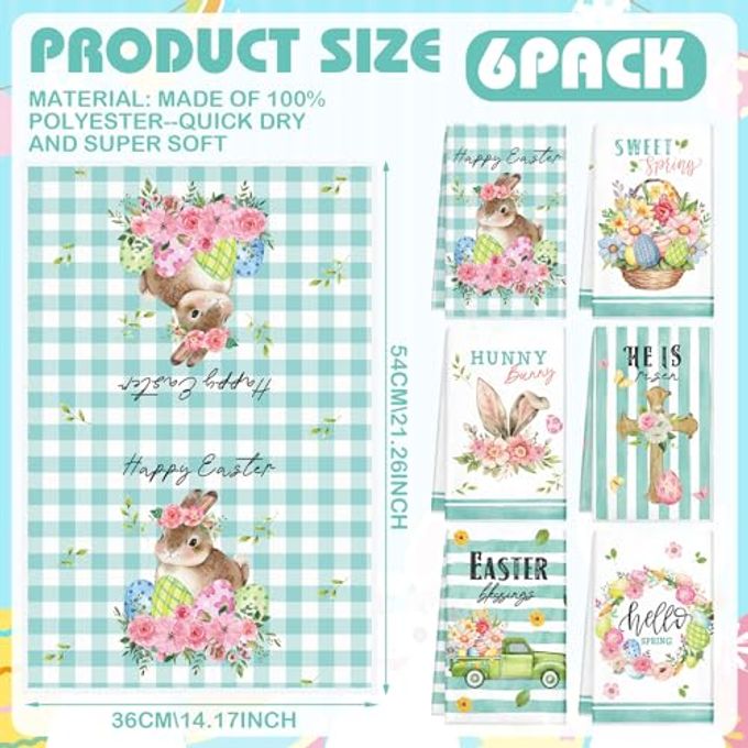 Patelai 6 Pack Easter Hand Towels Spring Bunny Rabbit Dish Seasonal Cloth Kitchen Towel Happy Easter Tea Dishcloth Holiday Washcloths for Farmhouse Home Housewarming Gift - Image 5