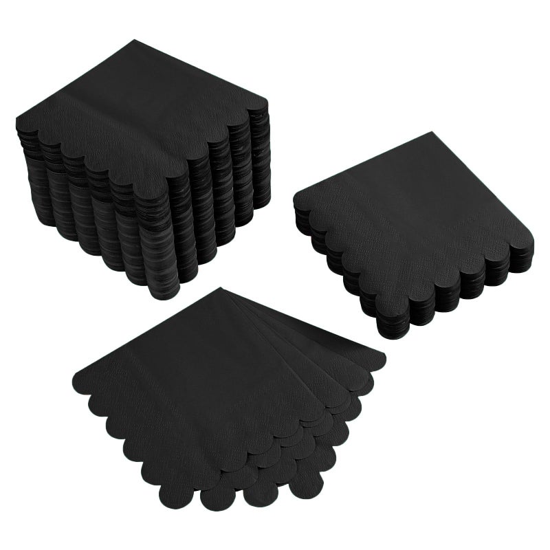 BEFORYOU 100 Pack Cocktail Napkin 2-Ply Scalloped Edged Dessert Napkins Folded 5 x 5 Inches Disposable Napkins for Dinner Wedding Birthday Party Bridal Anniversary Reception Event (Black) - Image 1