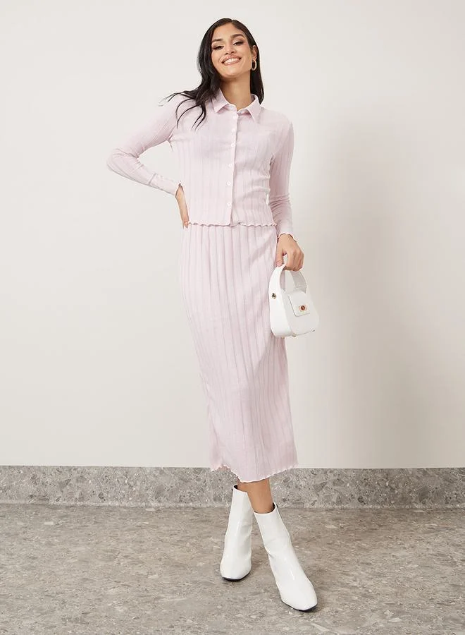 Styli Soft Touch Ribbed Knit Top with Button Placket