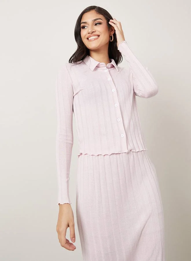 Styli Soft Touch Ribbed Knit Top with Button Placket