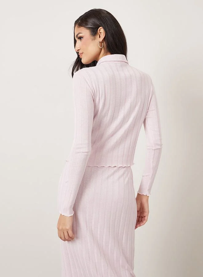 Styli Soft Touch Ribbed Knit Top with Button Placket