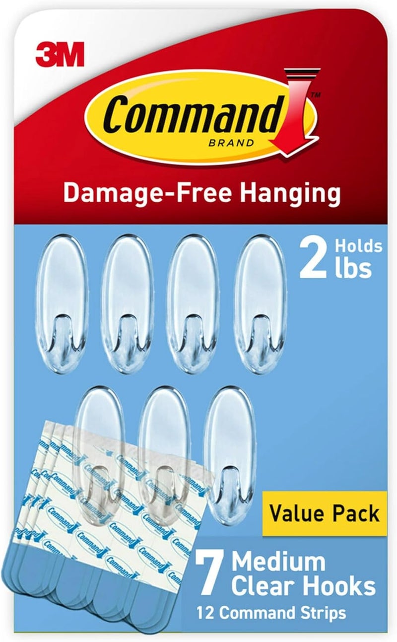 Command Medium Clear Wall Hooks, 7 Wall Hooks and 12 Strips, Damage-Free Hanging with Adhesive, Great for Hanging Back to Christmas Decorations, Holds up to 2 lb - Image 1