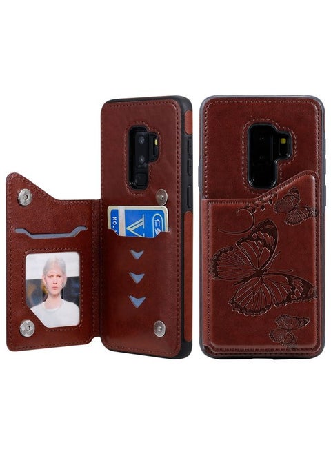 Case Cover For Galaxy S9 Plus Butterfly Embossing Pattern Shockproof Protective Case with Holder & Card Slots & Photo Frame Brown