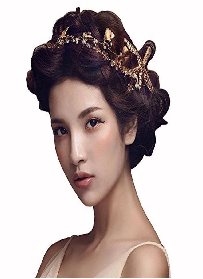 Bodermincer Que Starfish Hairpins Wedding Wedding Hair Accessories Gold-Tone Flower Bridal Hair Pearl Jewelry Comb Hair Pins Bridal Accessories (Gold)  - Image 2