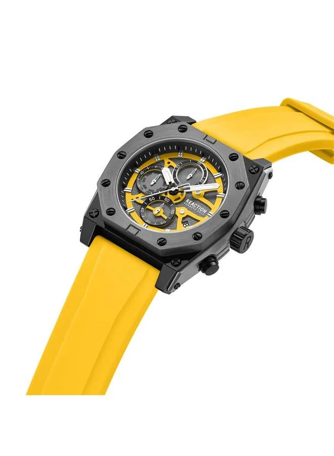 كينيث كول ريأكشن Yellow Dial Dark Yellow Silicone Strap Chronograph Watch for Men, 52.4mm