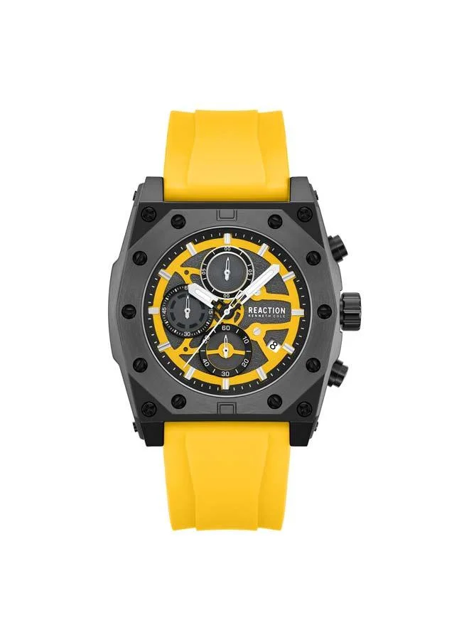 كينيث كول ريأكشن Yellow Dial Dark Yellow Silicone Strap Chronograph Watch for Men, 52.4mm