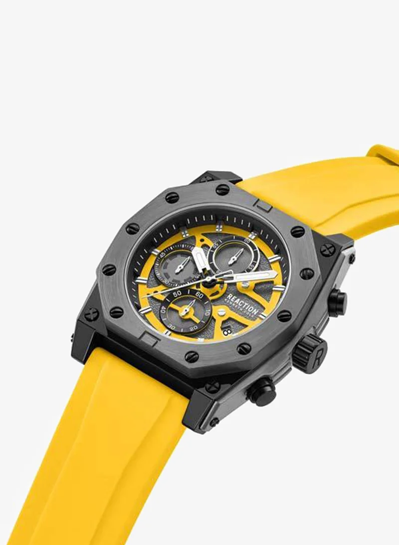 Kenneth Cole Reaction Yellow Dial Dark Yellow Silicone Strap Chronograph Watch for Men, 52.4mm