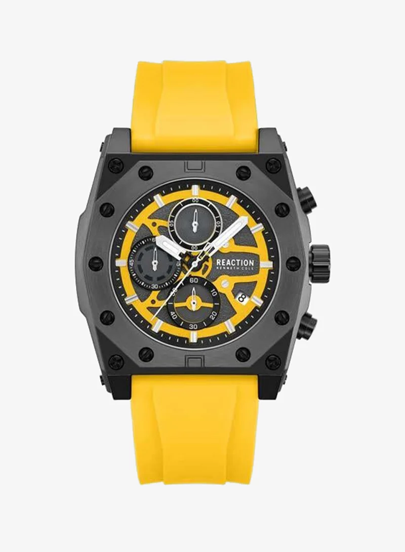 Kenneth Cole Reaction Yellow Dial Dark Yellow Silicone Strap Chronograph Watch for Men, 52.4mm