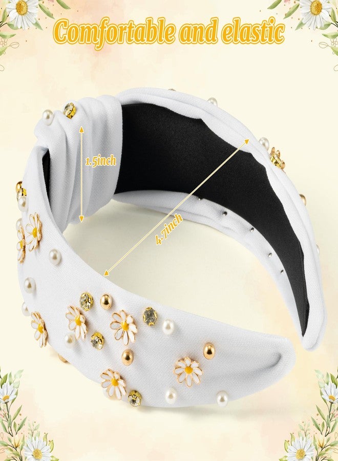 PANTIDE Daisy Jeweled Knotted Headband - Rhinestone Crystal Beads Embellished Headband Wide Top Knot Fashion Hairband Hair Accessories Spring Summer Birthday Holiday Gift for Women Girls (White) - Image 2