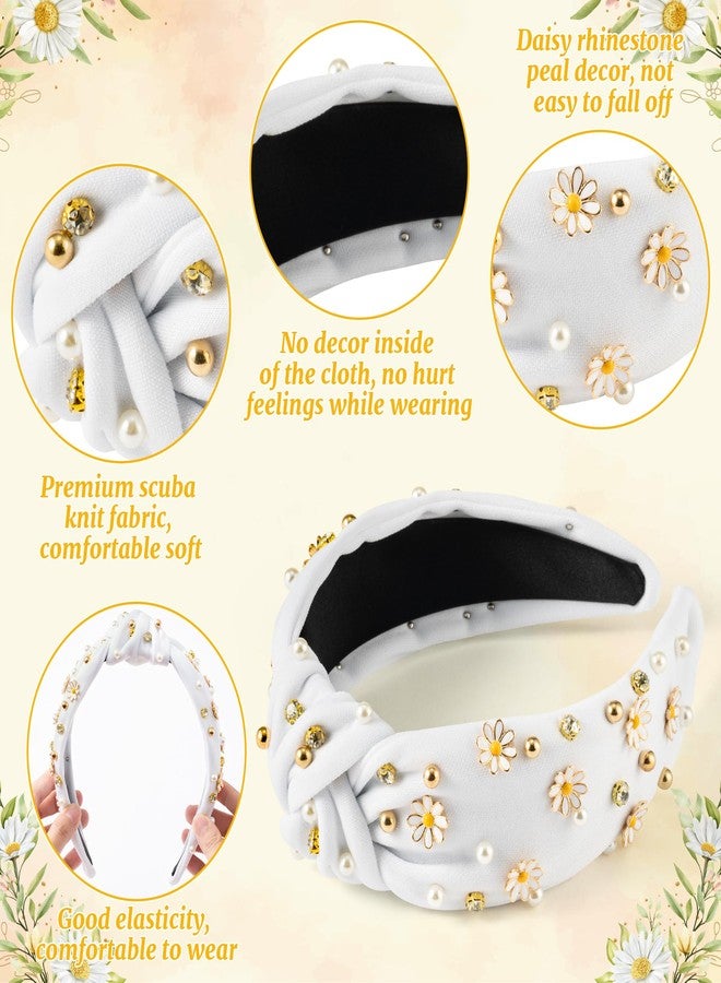 PANTIDE Daisy Jeweled Knotted Headband - Rhinestone Crystal Beads Embellished Headband Wide Top Knot Fashion Hairband Hair Accessories Spring Summer Birthday Holiday Gift for Women Girls (White) - Image 3