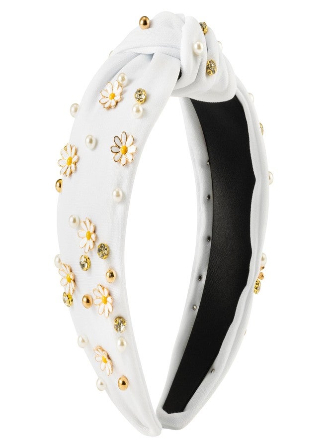 PANTIDE Daisy Jeweled Knotted Headband - Rhinestone Crystal Beads Embellished Headband Wide Top Knot Fashion Hairband Hair Accessories Spring Summer Birthday Holiday Gift for Women Girls (White) - Image 1