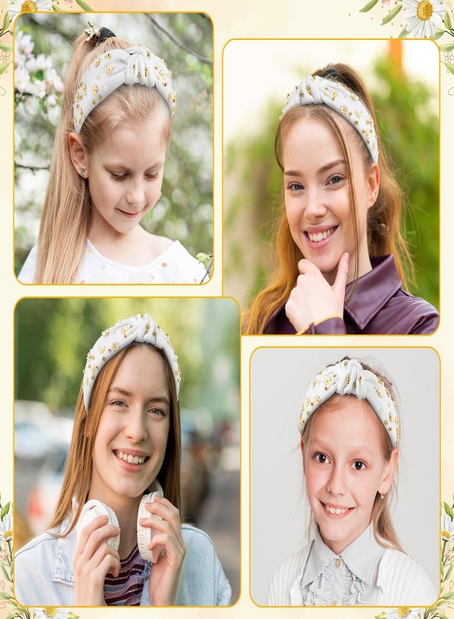PANTIDE Daisy Jeweled Knotted Headband - Rhinestone Crystal Beads Embellished Headband Wide Top Knot Fashion Hairband Hair Accessories Spring Summer Birthday Holiday Gift for Women Girls (White) - Image 4