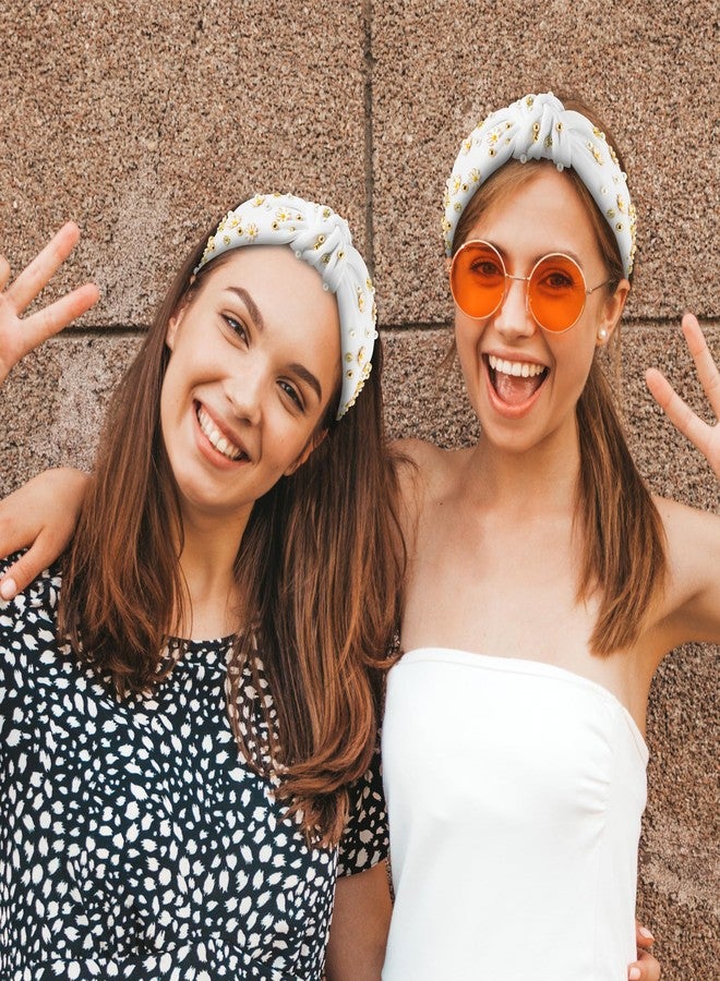 PANTIDE Daisy Jeweled Knotted Headband - Rhinestone Crystal Beads Embellished Headband Wide Top Knot Fashion Hairband Hair Accessories Spring Summer Birthday Holiday Gift for Women Girls (White) - Image 5