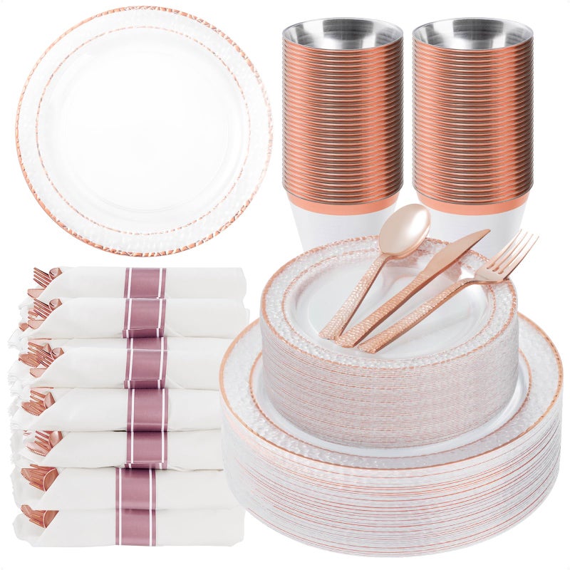 Bestluck 350PCS Clear Plastic Plates with Rose Gold Trim for 50 Guests Disposable Dinnerware Set for Party Wedding Include 100 Plastic Plates 50 Pre Rolled Napkins with Silverware 50 Cups - Image 3