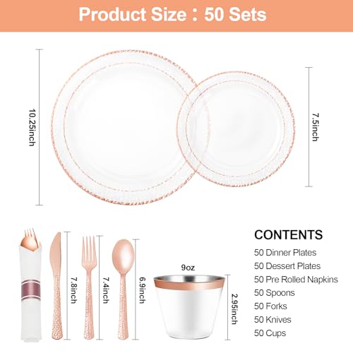 Bestluck 350PCS Clear Plastic Plates with Rose Gold Trim for 50 Guests Disposable Dinnerware Set for Party Wedding Include 100 Plastic Plates 50 Pre Rolled Napkins with Silverware 50 Cups - Image 5