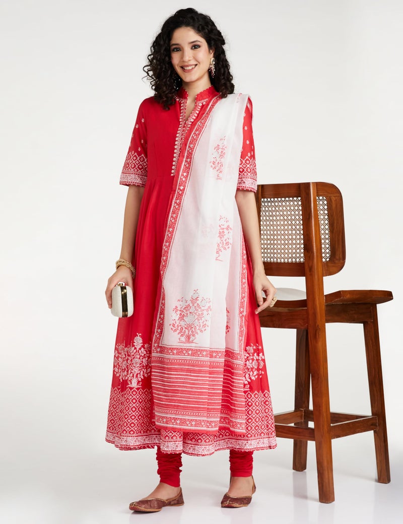 Biba Women Cotton Printed Anarkali Salwar Kurta Dupatta(Skdassorted5919E_Red_32) - Image 2