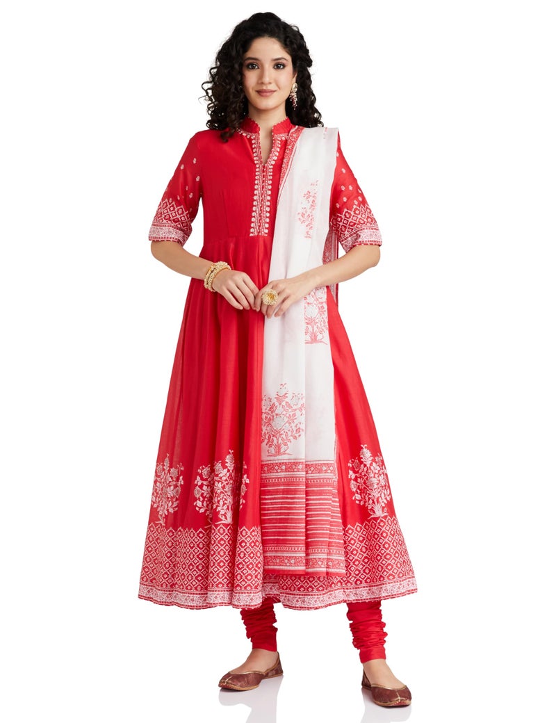Biba Women Cotton Printed Anarkali Salwar Kurta Dupatta(Skdassorted5919E_Red_32) - Image 1
