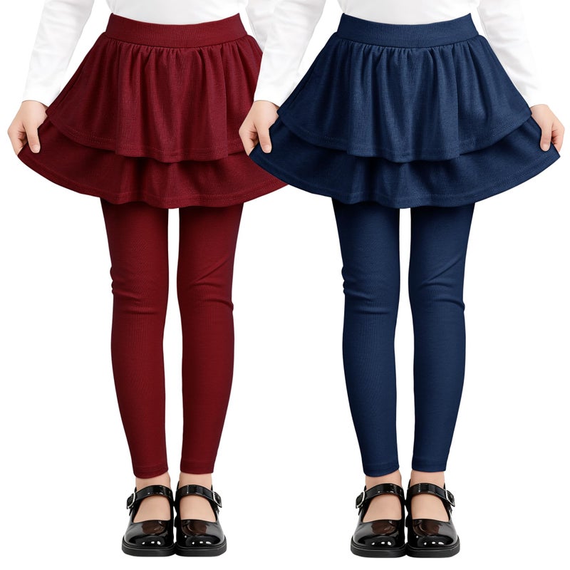 Resinta 2 Pack Girls Leggings Uniform Pants Legging with Skirts Stretch Warm Pant 4-14 Years Navy, Burgundy - Image 1