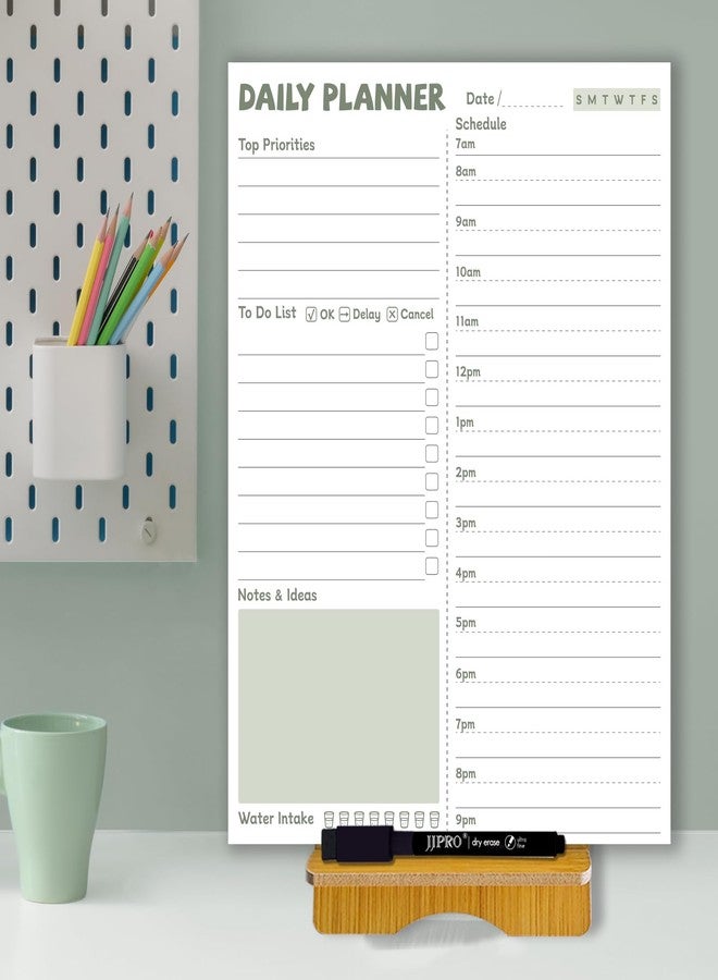 JJPRO Reusable Desktop Daily Planner with Stand,Reusable Time Schedule Board,11"x8.5" Hourly Schedule Dry Erase Board with Time Slots,Desk Hourly Dry Erase Board w/Engineered Wood Stand-Sage Green - Image 1