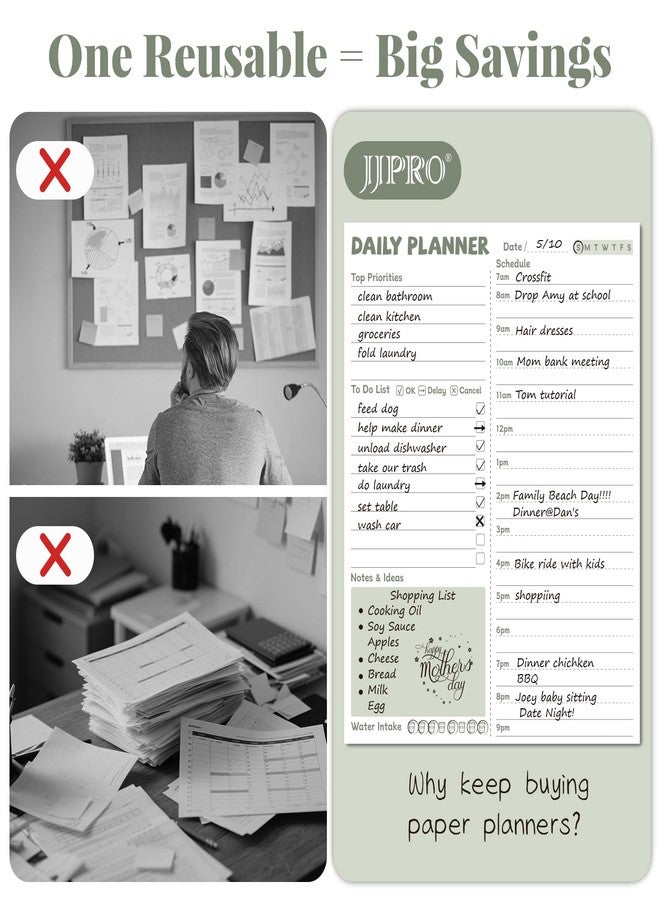 JJPRO Reusable Desktop Daily Planner with Stand,Reusable Time Schedule Board,11"x8.5" Hourly Schedule Dry Erase Board with Time Slots,Desk Hourly Dry Erase Board w/Engineered Wood Stand-Sage Green - Image 3