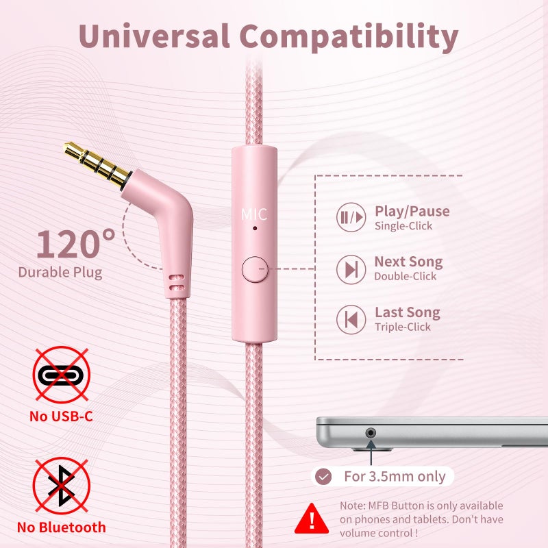 Botesty Sound Wired Headphones with Microphone, Over Ear 3.5mm Plug in Headphones with 4.9ft Tangle-Free Nylon Cord for Tablet, Laptop, MP3/4, School, Airplane Travel (Pink) - Image 5