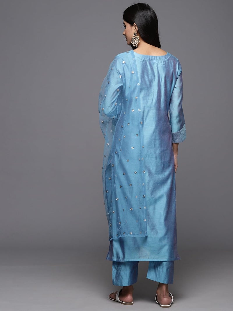 Varanga Women Blue Floral Embroidered Regular Chanderi Silk Kurta with Trousers & With Dupatta - Image 3