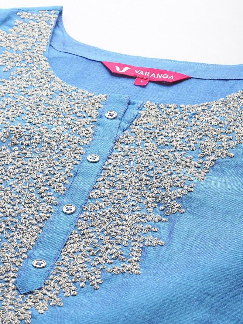 Varanga Women Blue Floral Embroidered Regular Chanderi Silk Kurta with Trousers & With Dupatta - Image 4