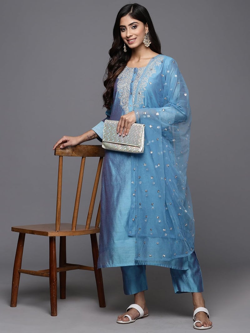 Varanga Women Blue Floral Embroidered Regular Chanderi Silk Kurta with Trousers & With Dupatta - Image 5