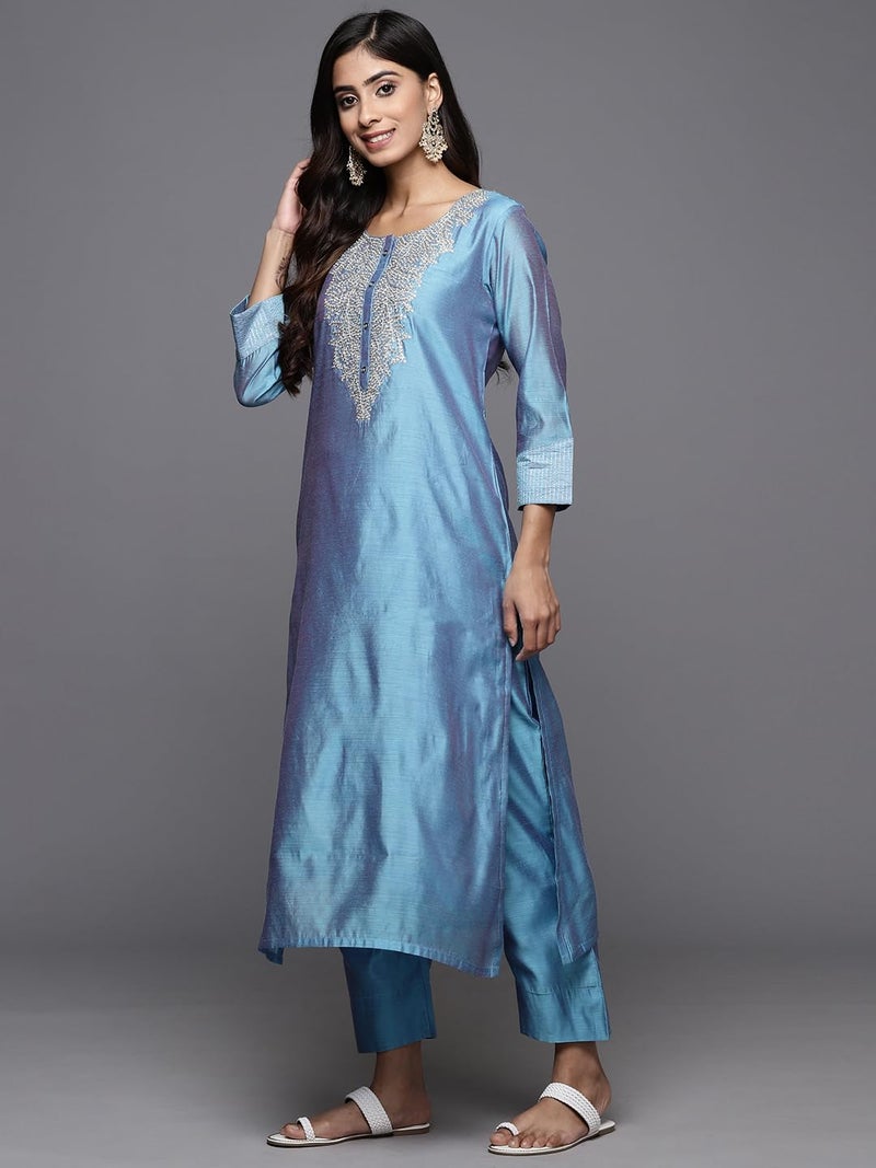 Varanga Women Blue Floral Embroidered Regular Chanderi Silk Kurta with Trousers & With Dupatta - Image 2