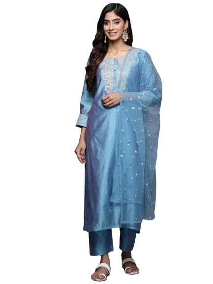 Varanga Women Blue Floral Embroidered Regular Chanderi Silk Kurta with Trousers & With Dupatta - Image 1