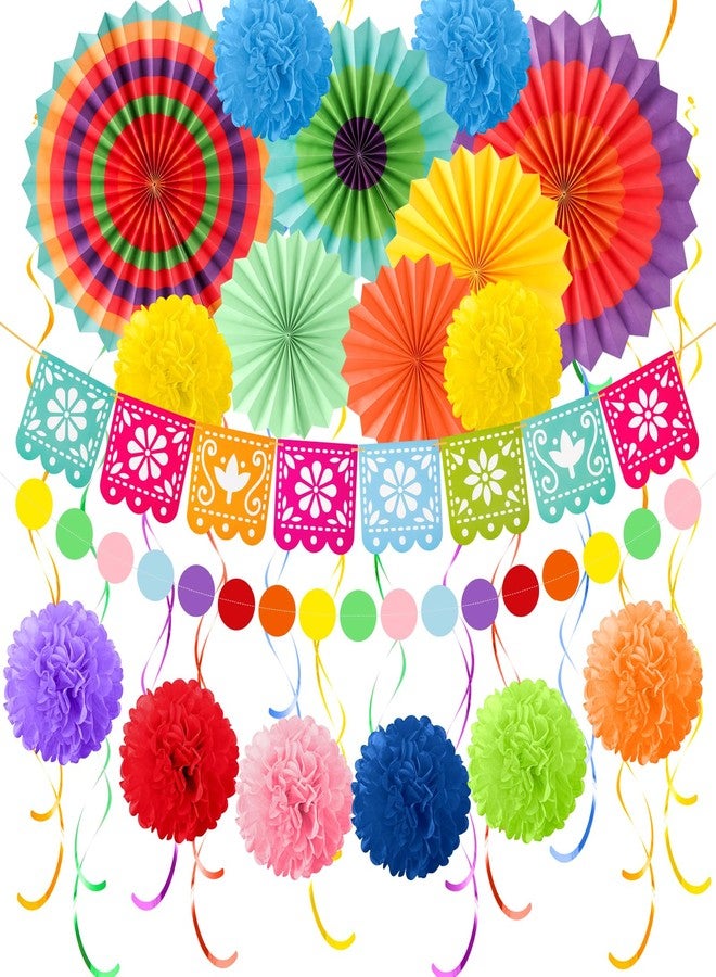 VINTS Cinco De Mayo Party Decorations,Mexican Fiesta Party Decorations Set,Multi-Color Hanging Paper Fans,Paper Pom Poms,Garland String and Banner for Cinco de Mayo,Fiesta,Birthday,Wedding - Image 1
