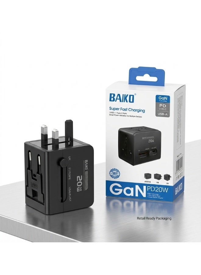 BAIKO UK27 PD20W GaN Travel Adapter Universal Charger with USB & Type-C Port, Multi Plug Converter for UK/US/EU/AU, 6A Fuse Safety Adapter with LED Indicator - Image 1