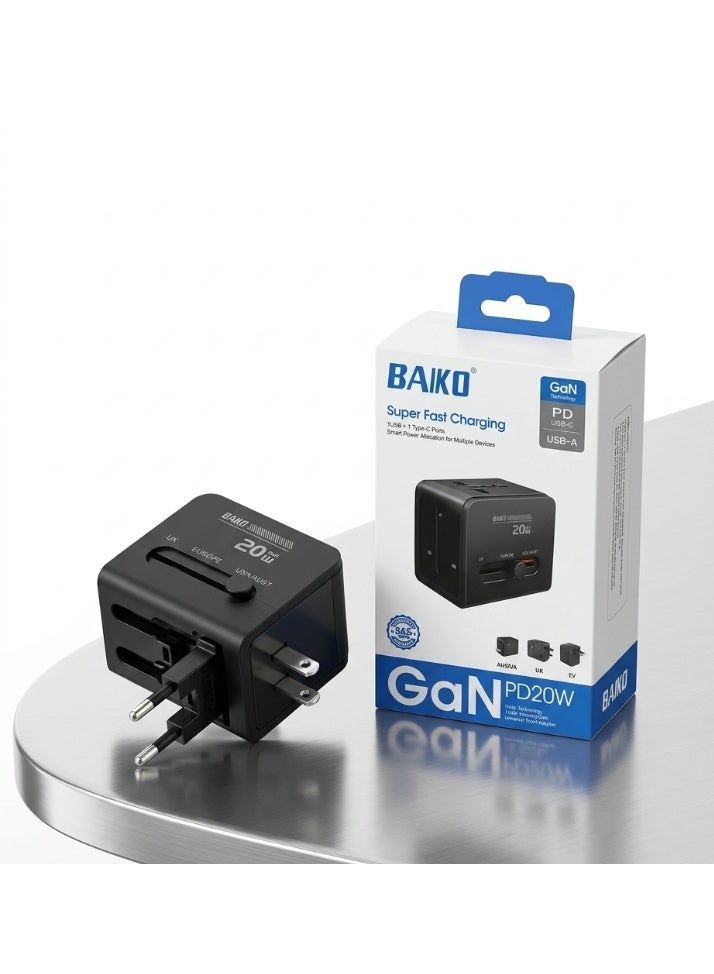 BAIKO UK27 PD20W GaN Travel Adapter Universal Charger with USB & Type-C Port, Multi Plug Converter for UK/US/EU/AU, 6A Fuse Safety Adapter with LED Indicator - Image 2