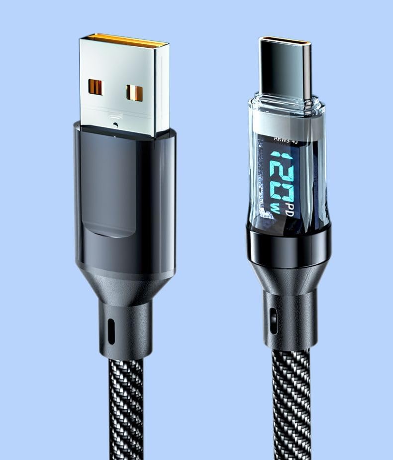 كابل USB-C إلى USB-C بقدرة 120 واط، كابل شحن سريع PD مع شاشة LED، نقل البيانات بسرعة 480 ميجابت في الثانية، كابل مضفر من النايلون القوي لأجهزة iPhone 16/15 وiPad وMacbook وGalaxy وأجهزة الكمبيوتر المحمولة وغيرها (عبوة من قطعتين، طول 3.3 قدم) - Image 1