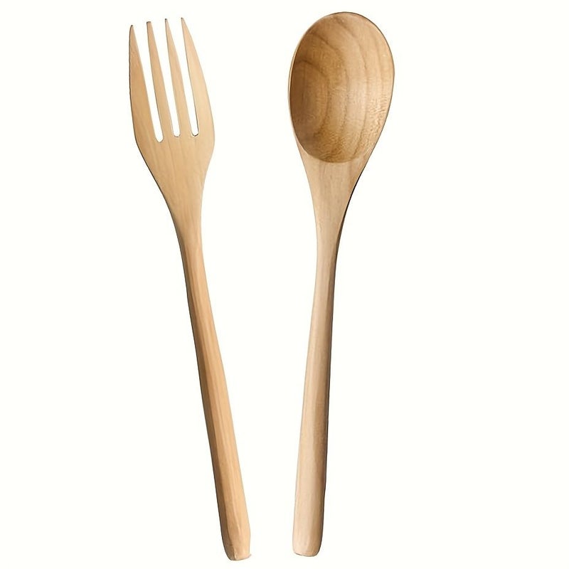6pcs Handmade Japanese Style Natural Wood Spoon Fork Long Handle Non Stick Pan Safe - Image 2