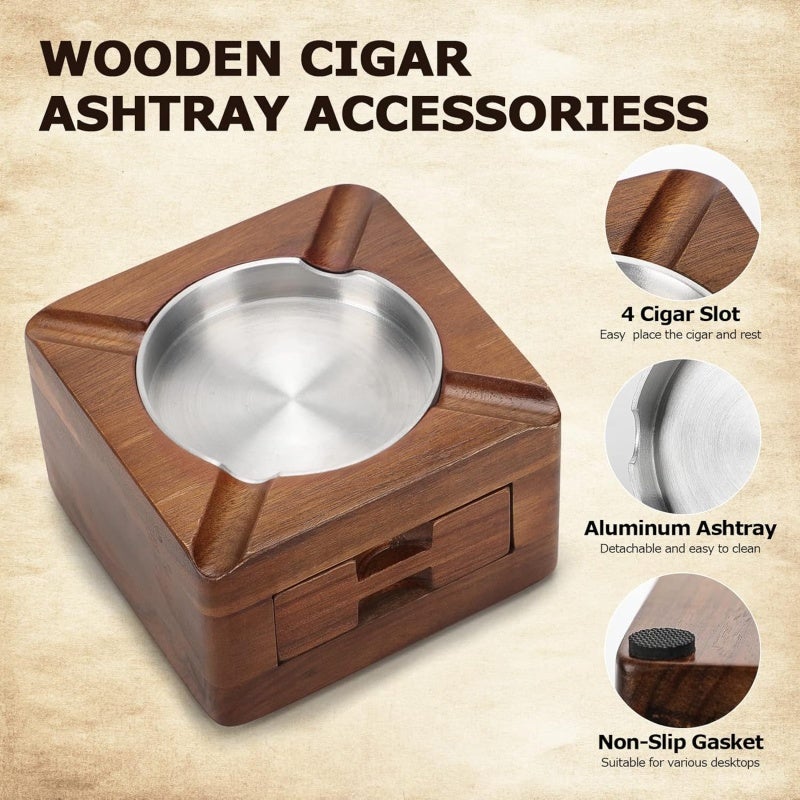 Square Wooden Ashtray: 4 Grooves For Stable Cigarette Placement - Built-In Accessory Drawer For Convenient Storage, Classic Brown Finish For Indoor Outdoor Office Courtyard Use, Ideal Gift For Men - Image 2