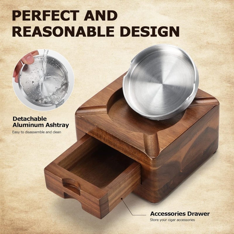 Square Wooden Ashtray: 4 Grooves For Stable Cigarette Placement - Built-In Accessory Drawer For Convenient Storage, Classic Brown Finish For Indoor Outdoor Office Courtyard Use, Ideal Gift For Men - Image 3